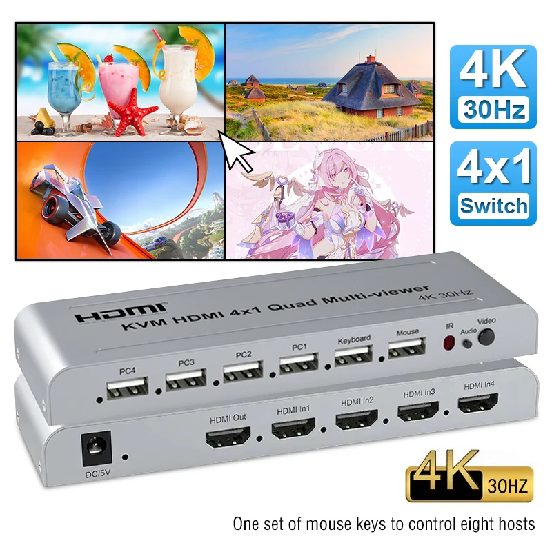 KVM HDMI 4X1 Quad Multi Viewer Switch 4 in 1 out Vedio Processor Screen Multiviewer Seamless 1080P Supports USB keyboard mouse