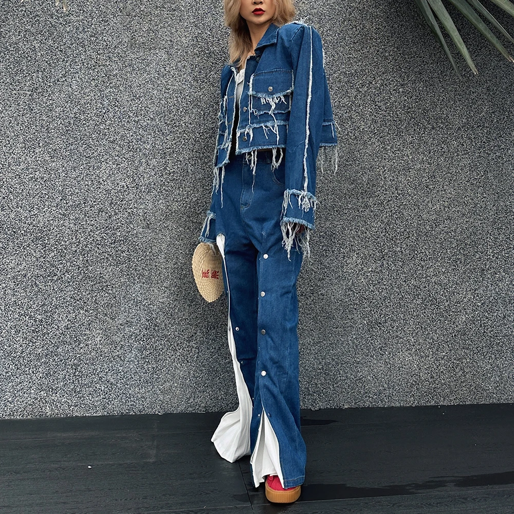 TWOTWINSTYLE Colorblock Denim Dwuczęściowe zestawy dla kobiet Płaszcz z długim rękawem z klapami Wysoka talia Rozkloszowane spodnie Vintage Odzież