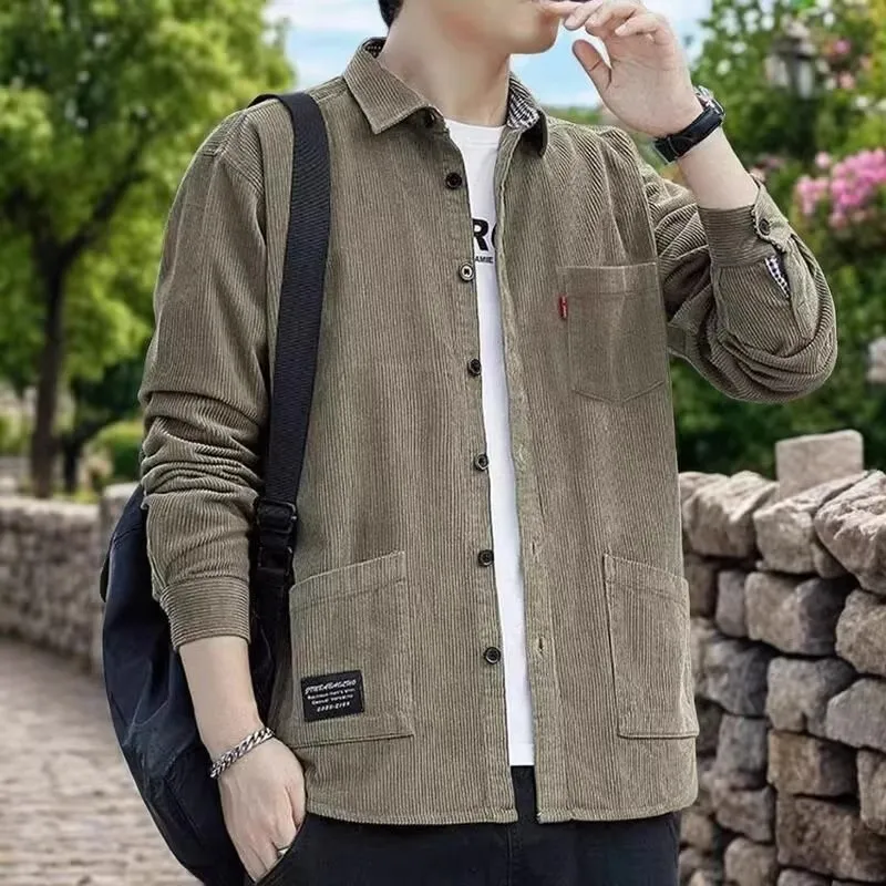 Retro Japanese Style Loose Casual Long Sleeve Shirt Men's Autumn Winter Workwear Corduroy Work Jacket Turn-down Collar
