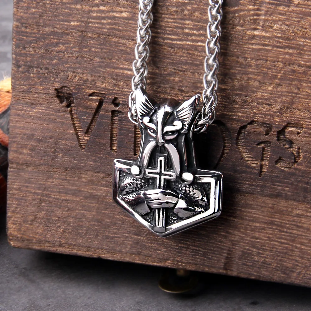 Norse Vikings Thor's Hammer Mjolnir Scandinavian Rune Amulet Necklace Vegvisir Wolf and Raven Anchor Pendant Male Jewelry view 5