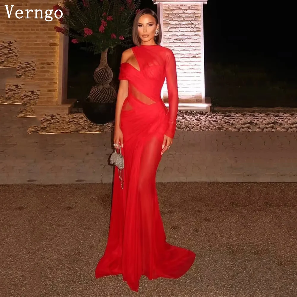 

Verngo Red Chiffon Evening Dress One Shoulder Full Sleeves Mermaid Formal Occasion Dresses Maxi Prom Party Gowns Customized