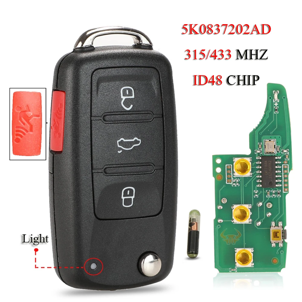 

jingyuqin 5K0837202AD/202AE Remote Car Key For VW Volkswagen Bettle CC EOS Golf Jetta Passat Tiguan Touareg 315/433Mhz ID48 Chip