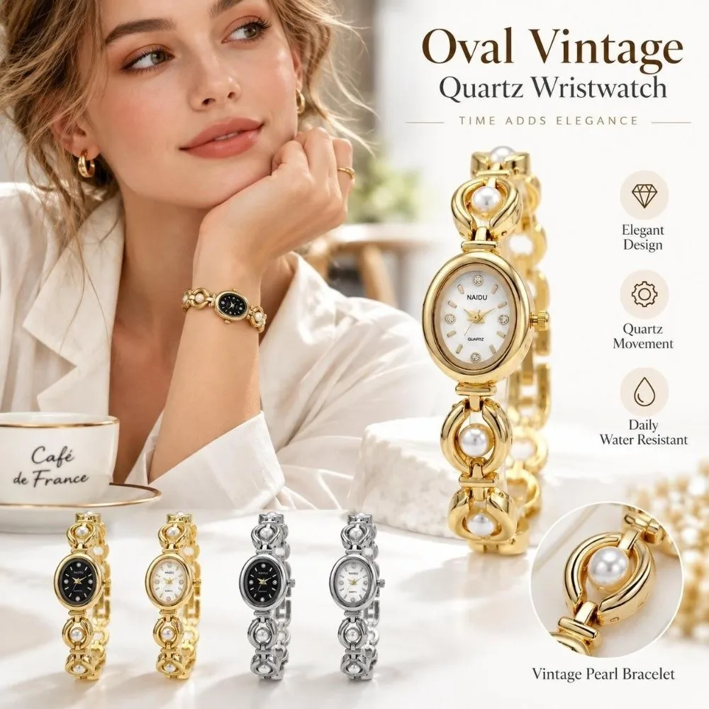 Elegant Oval Dial Women's Watch Pearl Decoration Analog Display Quartz Watch Small Bracelet Watch For Students Girls