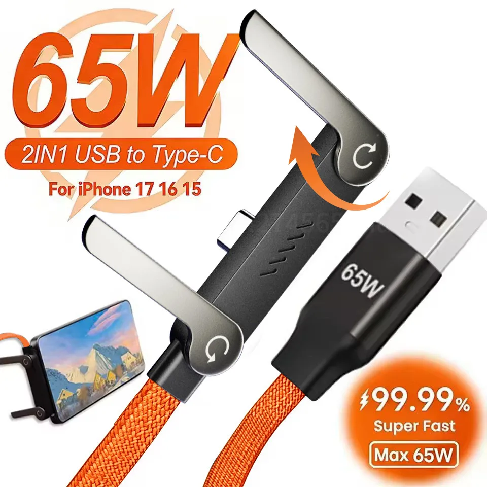 Cabo USB 2 em 1 de 65W para Tipo C com carregamento rápido, suporte de mesa dobrável e cabo de dados para Huawei, Xiaomi, Samsung e OnePlus.