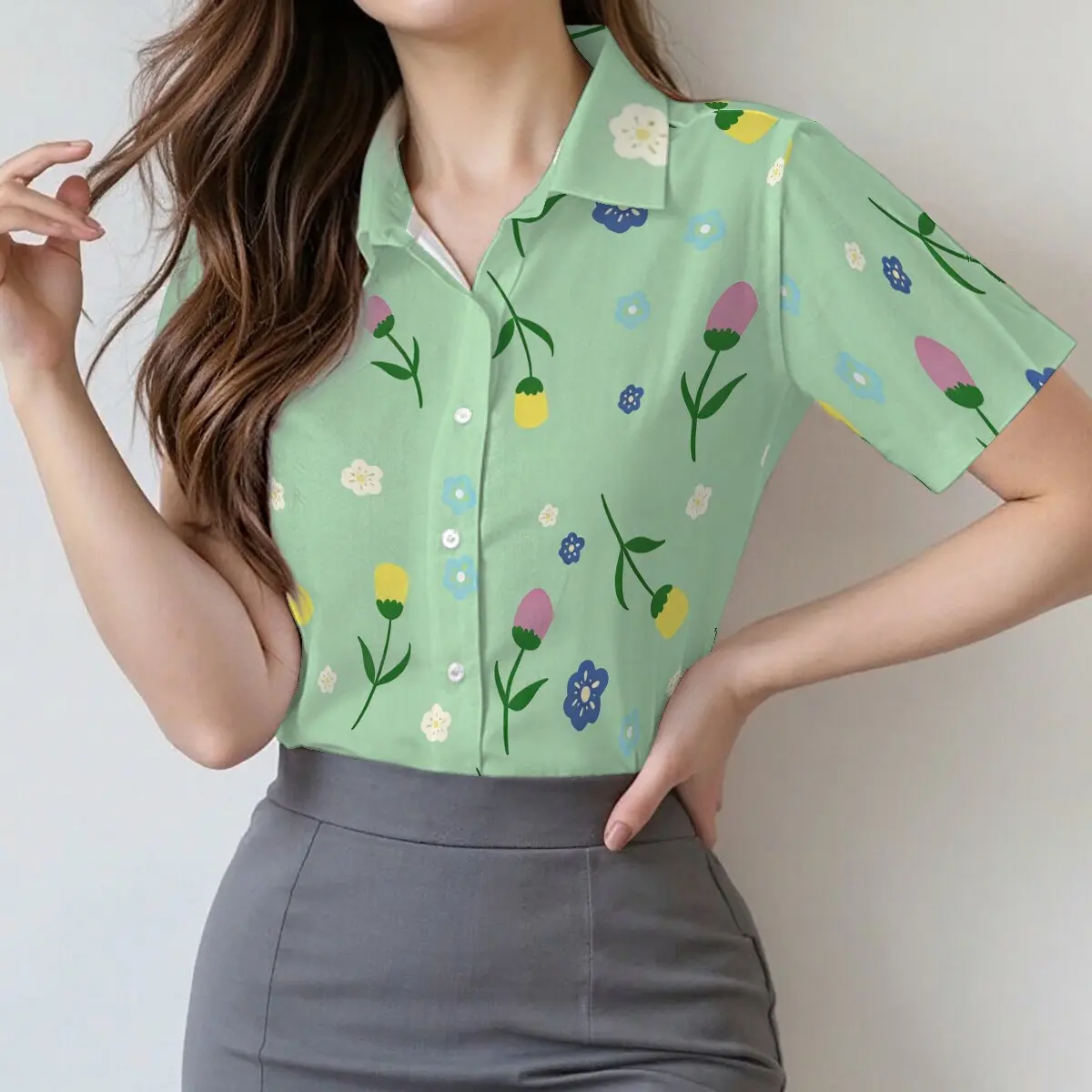 

Минималистичная и персонализированная женская рубашка с короткими рукавами и воротником с мультяшным цветочным принтом, летняя модная повседневная универсальная нежная блузка
