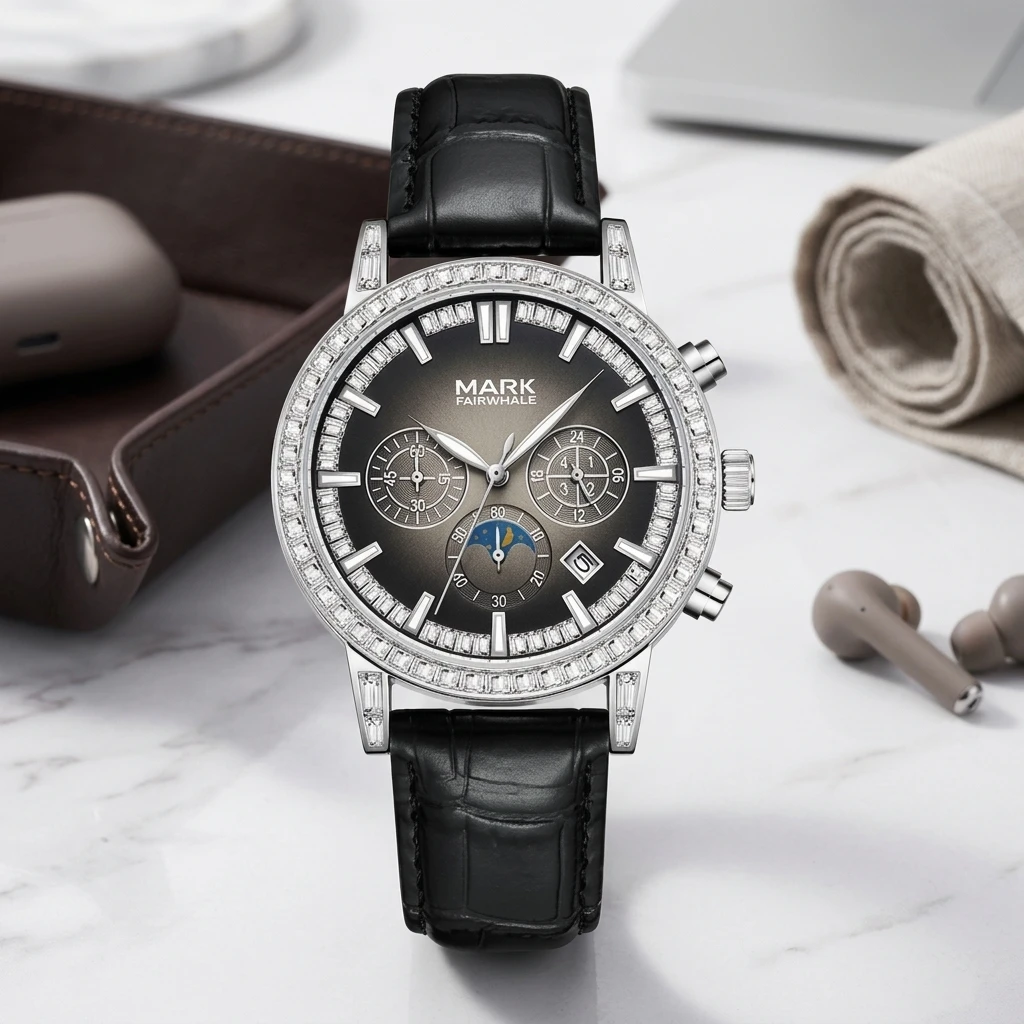 Mark Fairwhale Mens Wristwatch Round Crystal Bezel Moon Phase Chronograph Multi Function Leather Band Business Luxury Watch