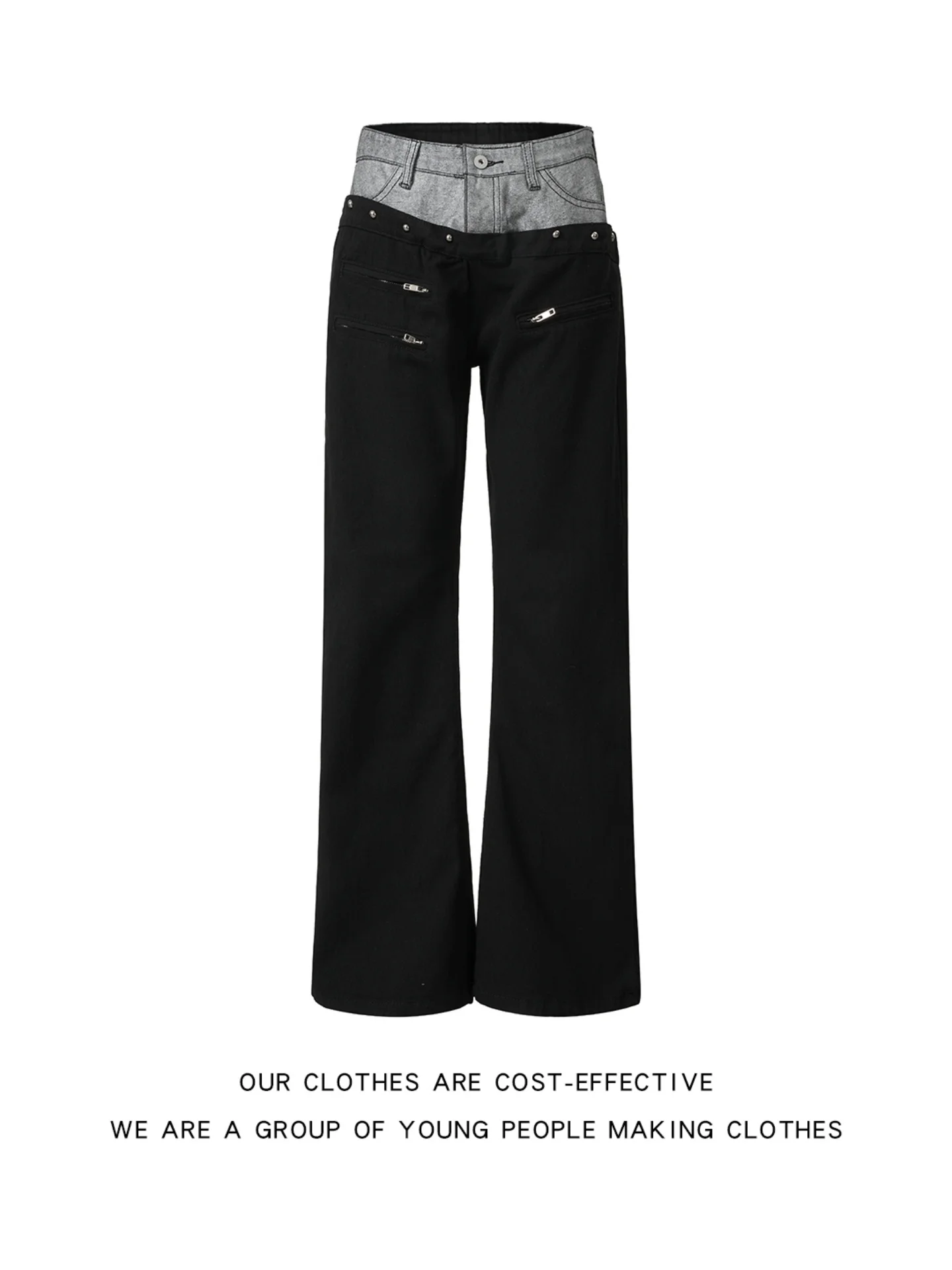 American Retro Color Block Double Waist Head Men's Jeans High Street Vibe Washed Straight Loose Slimming Knife  Flared Pants