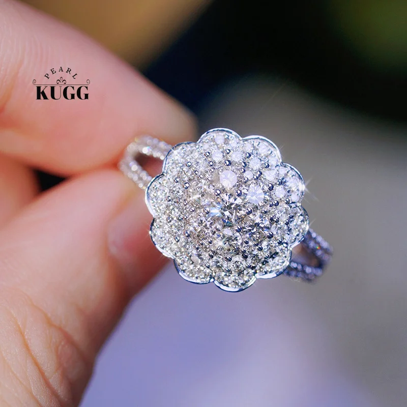 KUGG 100% 18K White Gold Rings Luxury Flower Shape 1.32carat Real Natural Diamond Engagement Ring for Women High Wedding Jewelry