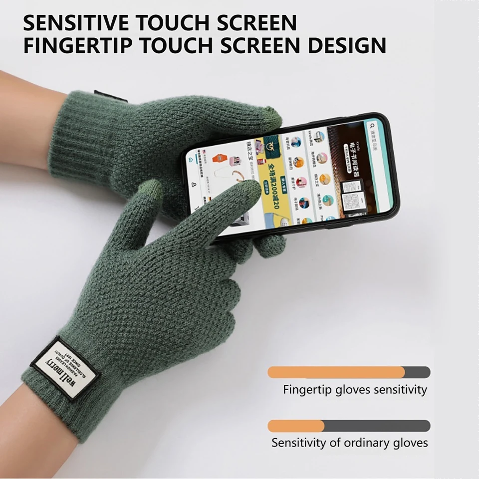 KoKossi Autumn Winter Thickened Knitted Gloves Touch Screen Warm Soft Gloves Wool Solid Men Outdoor Sports Windproof Gloves