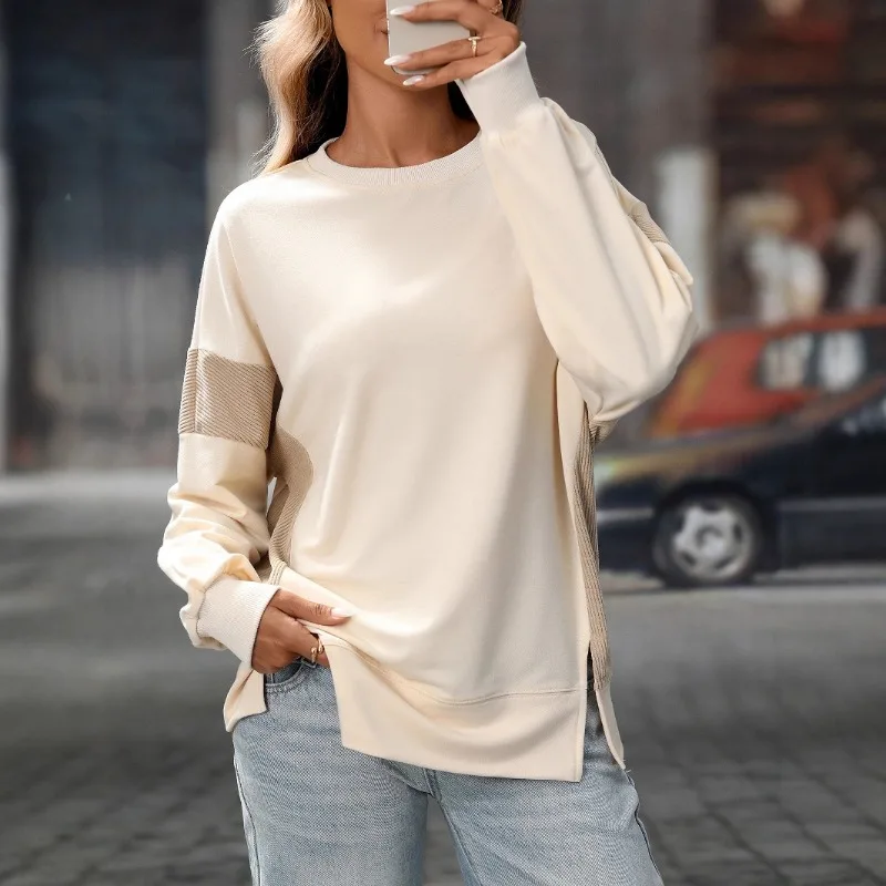 

Simple and Fashionable Slit Casual Women's Clothing New Round Neck Color-blocking Round Neck Versatile Casual Loose Sweatshirt