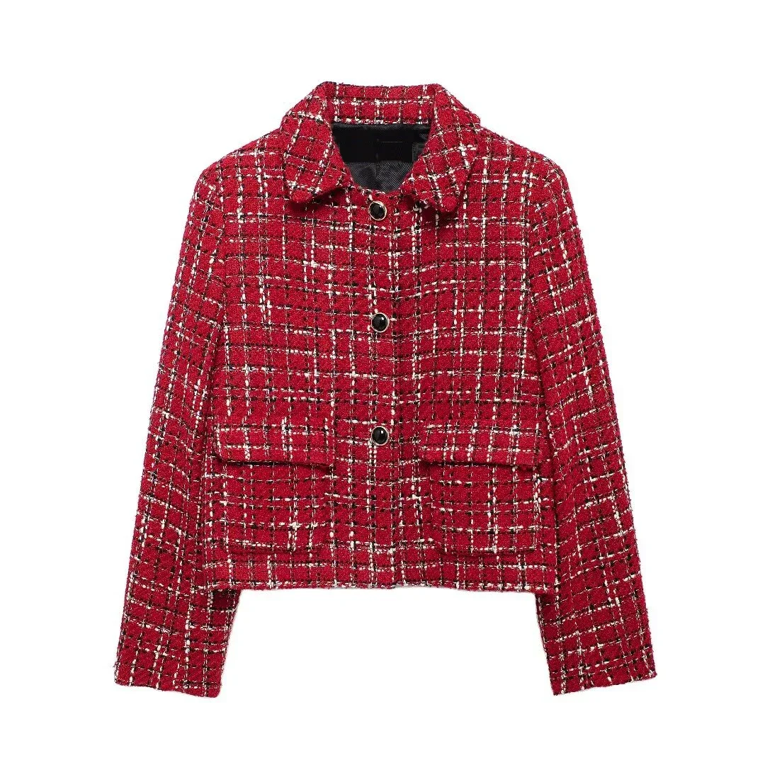 Tangada Women 2024 Fashion Red Plaid Tweed Crop Blazer Coat Vintage Long Sleeve Female Outerwear BE0317