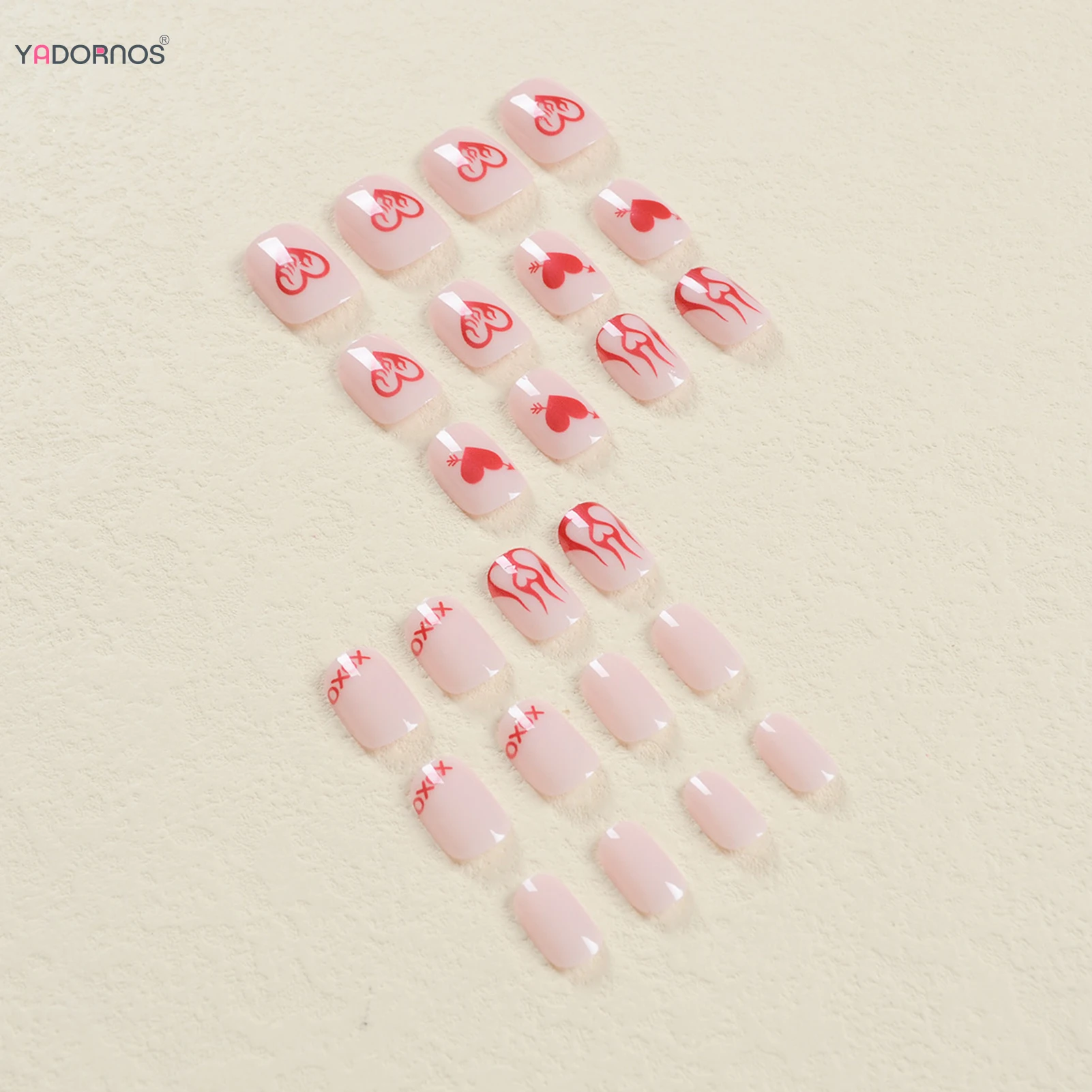 Simple Charms Fake Nails Nude Color Red Love Heart Designs Short Square Head Press on Nails for Women Girls Valentine's Day