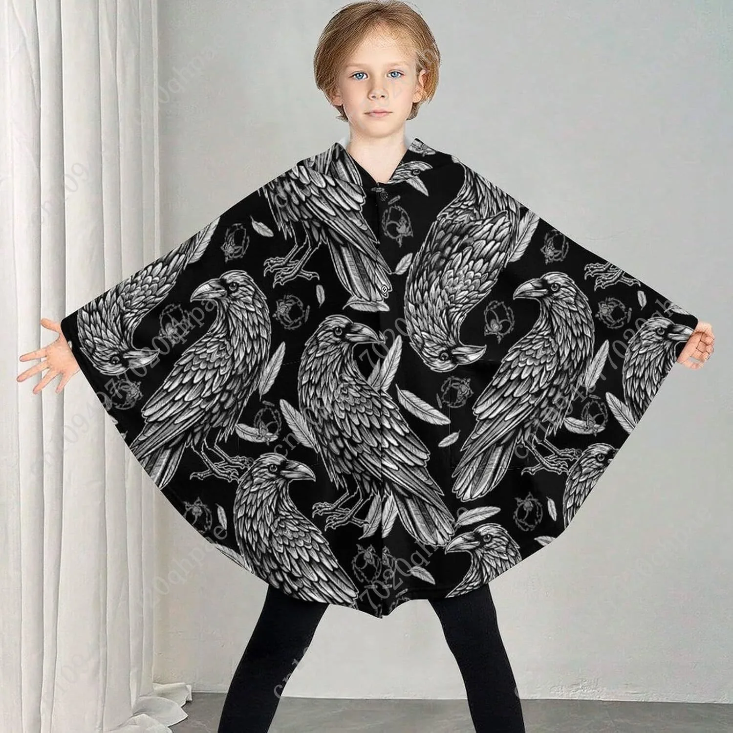 Comodo maglione coperta in flanella, felpa con cappuccio oversize nera con motivo corvo con tasche per bambini e adolescenti