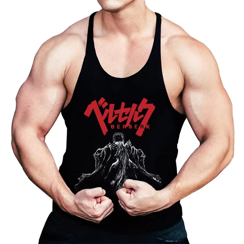 

Summer Sleeveless Y-Tank Gym Muscle Training Sports Workout Undershirts Sportswear Berserk Graphic Cotton Tank Top Men