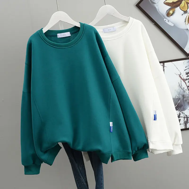 Spring Autumn New Plus Size Solid Color Simplicity Hoodies Sweatshirts Korean Casual Loose Tops Vintage Trend Women Clothing