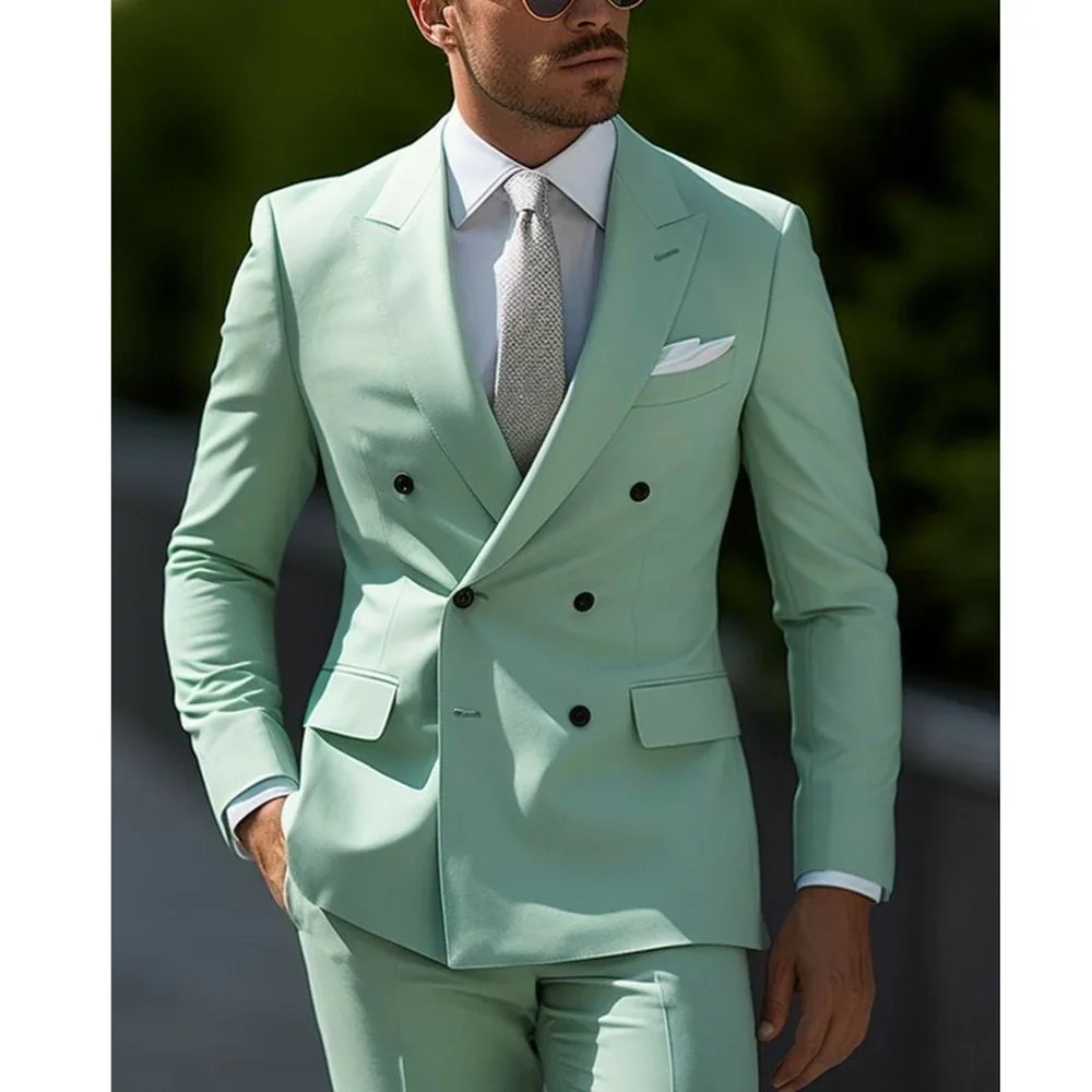 

Summer Fashion Peak Lapel Men Suits 2 Piece Chic Double Breasted Casual Daily Outfits Business Office Wedding Party Tuxedo