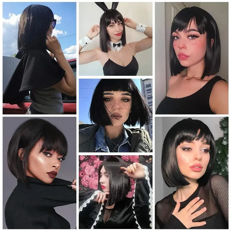 Black Bob Wig with Bangs Short Black Wig for Women Straight Bob Wigs Heat Resistant Synthetic wig Mia Wallace Cleopatra Cospaly