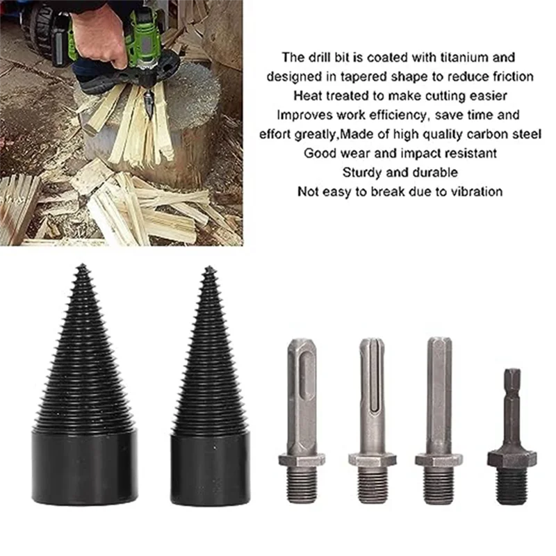 

A76K Pack Of 6 Log Splitter Bits, 32Mm 42Mm Removable Splitting Cone Firewood Splitter Bits With 4 Handles