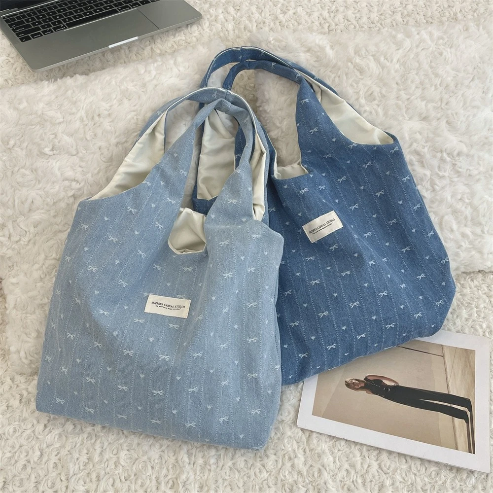 

New Bow Embroidered Women's Canvas Shoulder Bag Large Capacity Book Tote Bag Handbags Casual Shopping Bag