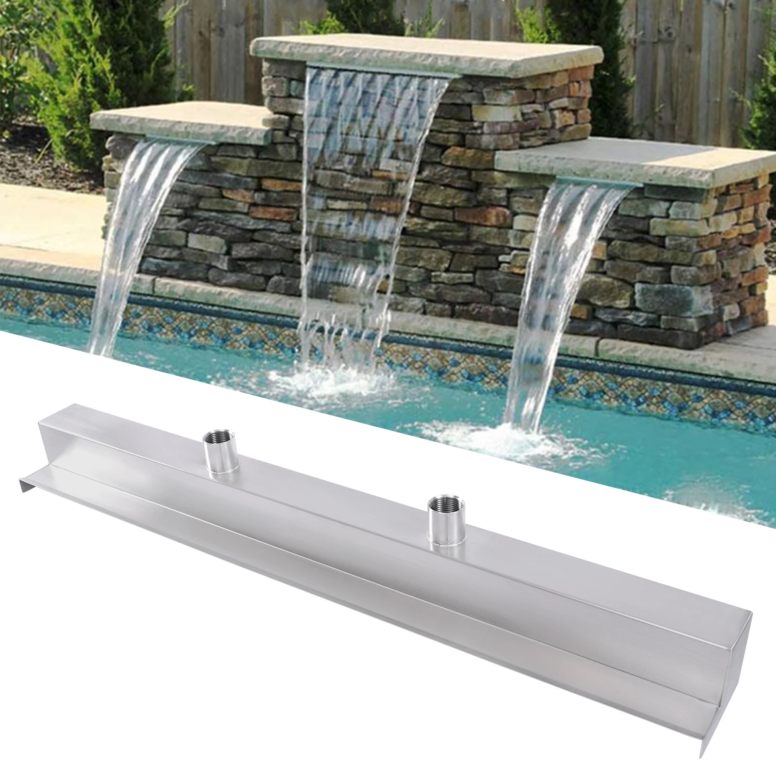 

Modern Pool Fountain Stainless Steel Pool Waterfall Spillway w/2 Pipe Connector Rectangular For Garden Yard Patio Rockery Pool