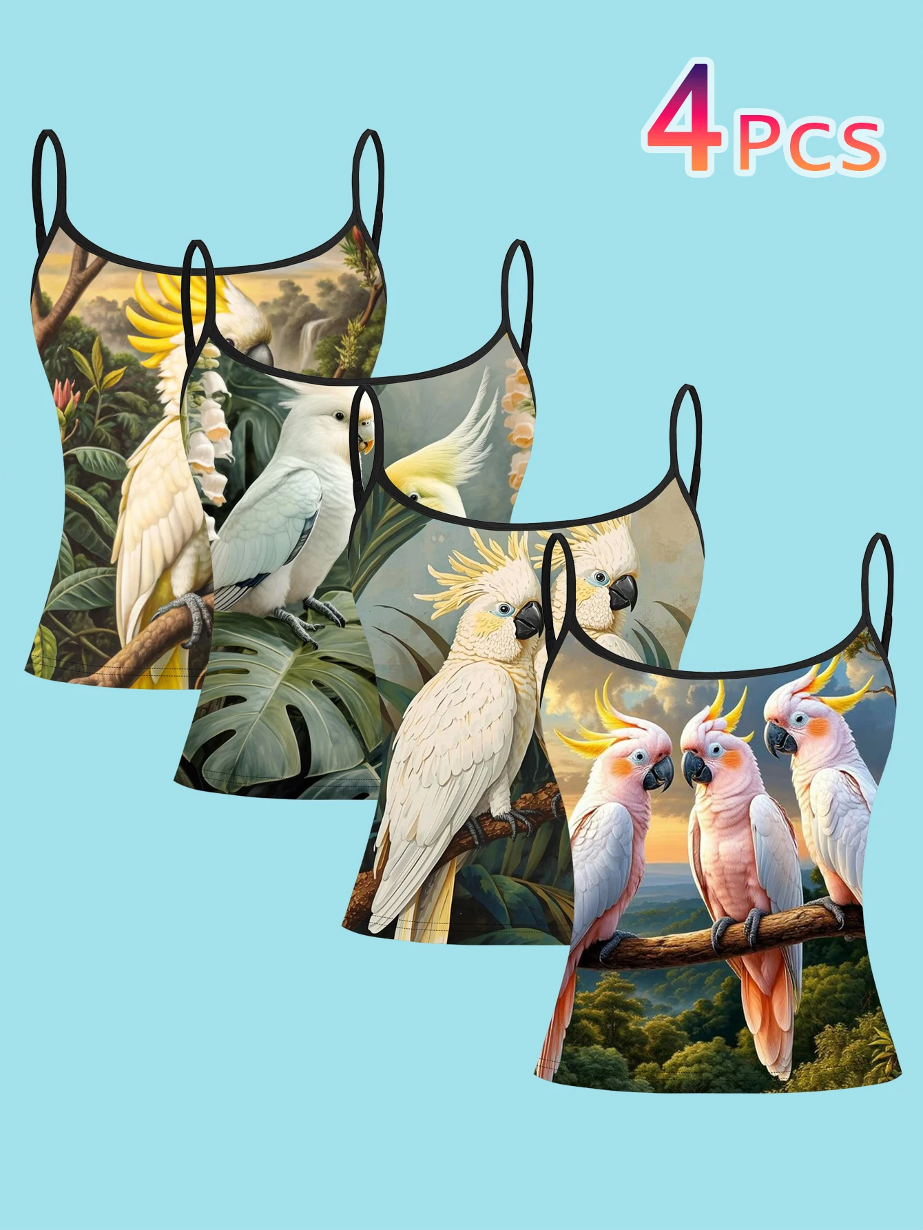 4-Piece Set of Oil Painting Style Large White Sunflower Parrot Suspenders Set, Jungle Plant Landscape Women's Spaghetti Strap Inner Layering Shirt