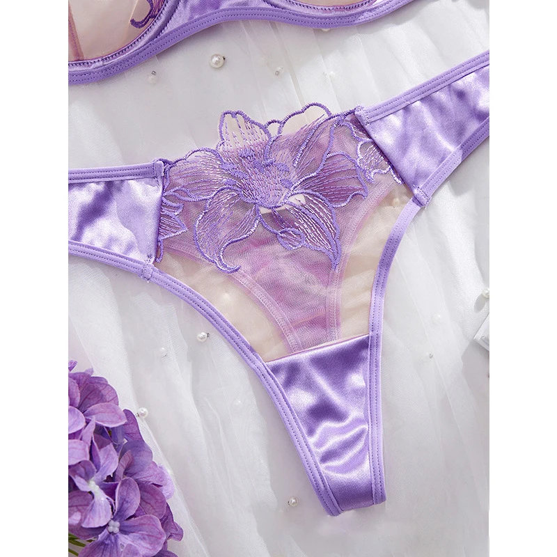 مجموعة الملابس الداخلية النسائية الأزهار التطريز جنسي الملابس الداخلية رومانسية الأرجواني ملابس داخلية شفافة الحميمة رقيقة جدا حمالة صدر ولباس داخلي مجموعة #5