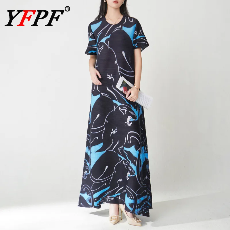 

YFPF Miyake плиссированное длинное платье с принтом для женщин, модное элегантное платье трапециевидной формы с коротким рукавом контрастного цвета, новинка 2023 года, одежда
