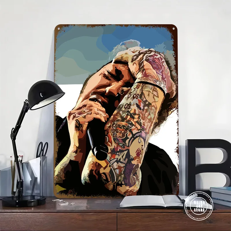 Tattooed Singer With Microphone Tinplate Poster Customized Wall Art Vintage Metal Signs Retro Plates for Bar Accessories House