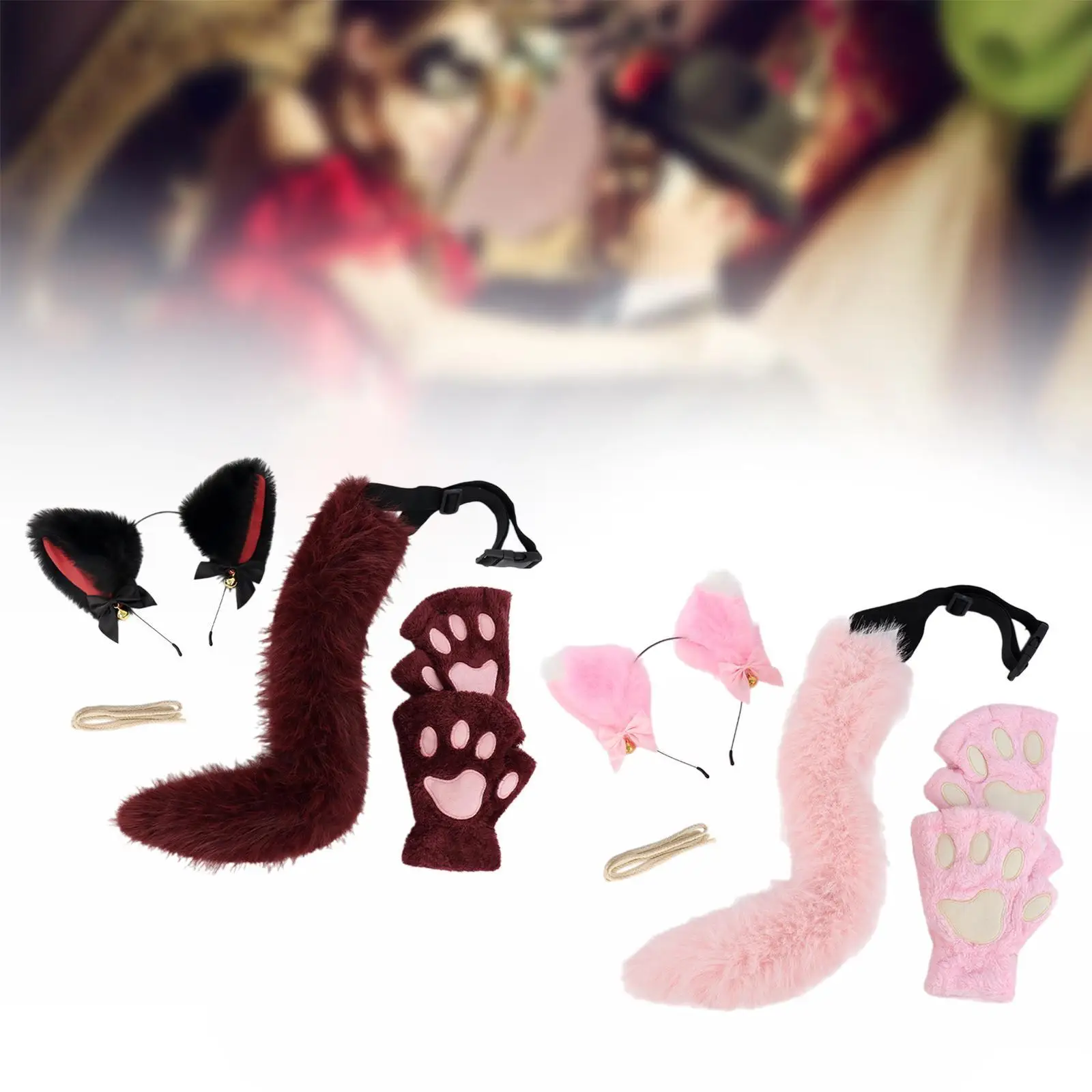 مجموعة آذان القطط والخفوف والذيل من القطيفة، إكسسوارات شعر لطيفة على شكل رباط شعر