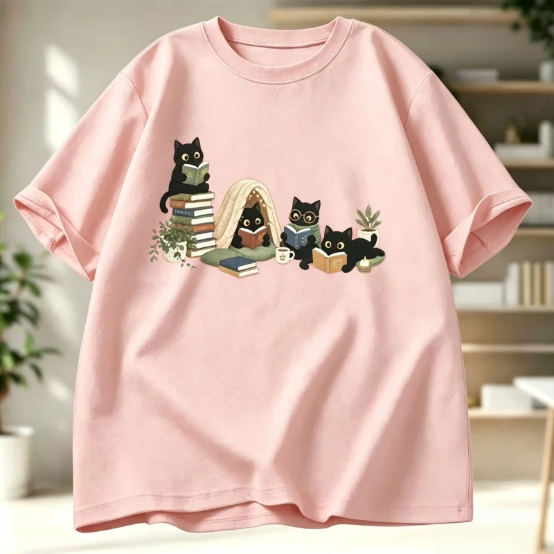 2026 Cute Graffiti Strawberry Cat Portrait Printed T-shirt Loose Cotton Short Sleeve Japanese Cute Style Casual Top
