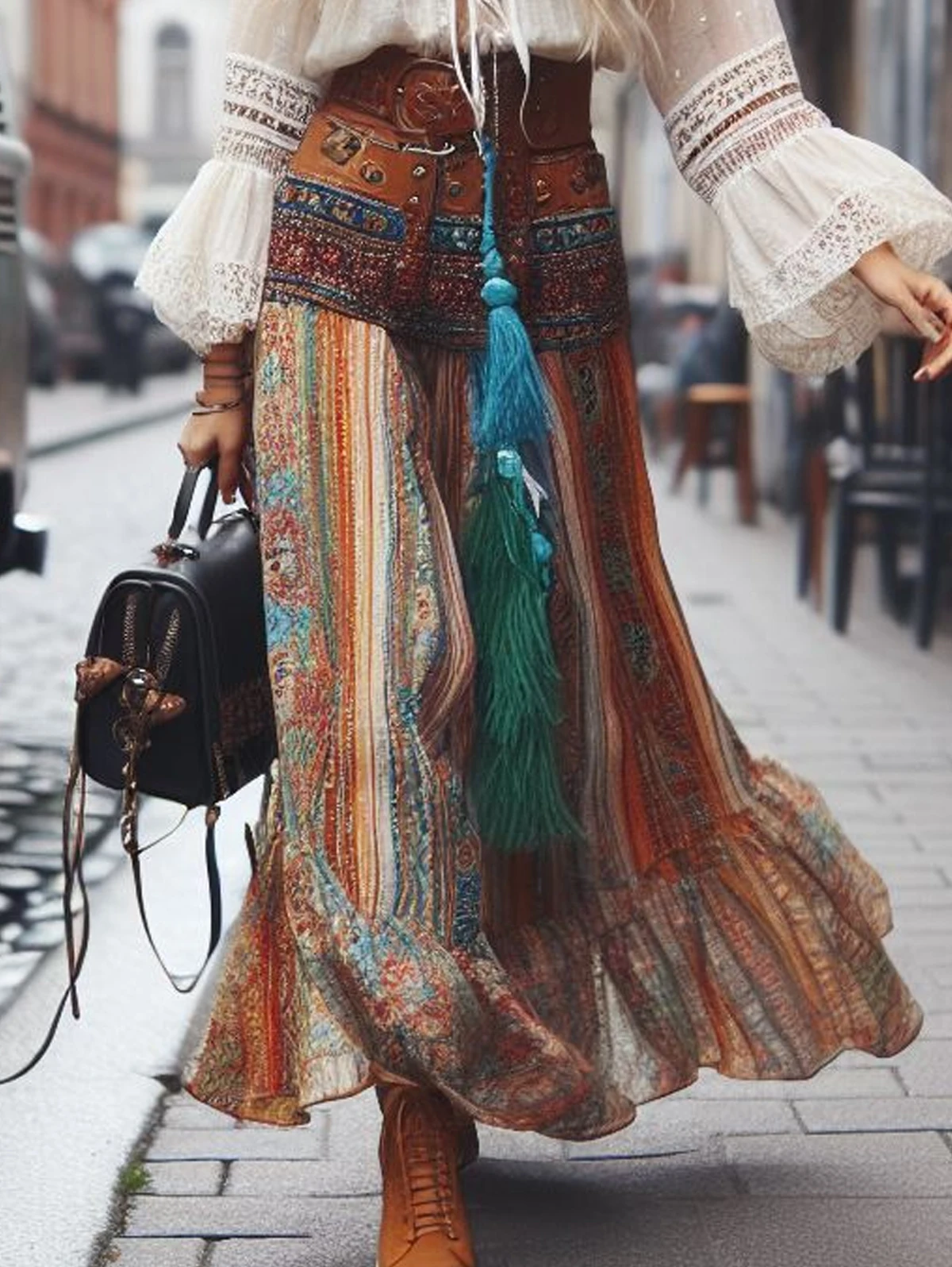 

Bohemian Style Printed A-line Skirt Women Fashion Beach Vacation Loose Ruffles Hem Maxi Skirts Female Summer New Streetwear