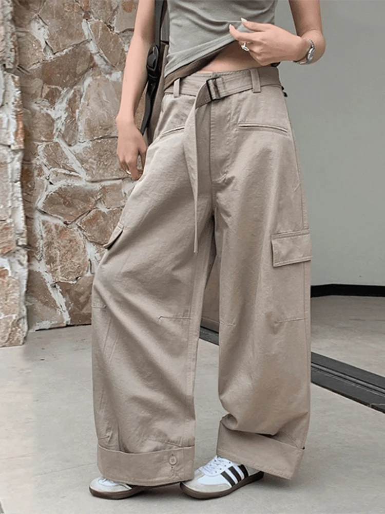 

Retro Style Casual Pants Women's Spring Autumn Loose Lazy Style Floor-Length Trousers Belted High Waist Wide Leg Pants