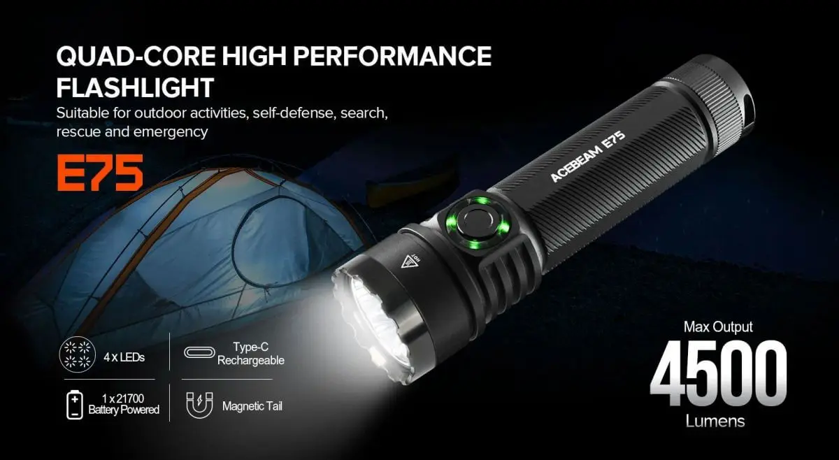 Acebeam e75クアッドコアハイパフォーマンス4500ルーメン懐中電灯