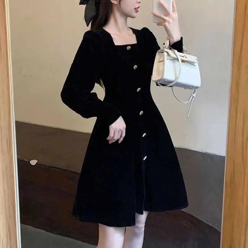 French Style Vintage Square Collar Mini Dress Autumn Winter New Elegant Waist A-Line Women\'s Clothing Solid Color Button Dresses