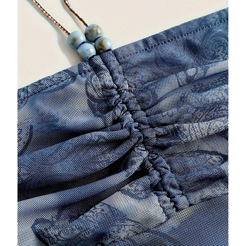 Original Retro Hot Girl Style Tie-Dye Print Ruched Strap Halter Women's Vest Gothic Summer New Sexy Beaded Sleeveless Top Ladies