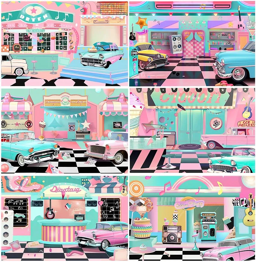 

Pink Blue Cake Smash Retro 1950s Rock and Roll Party Car Music Dance Bar Backdrops Newborn Birthday Decor Photobooth Backgrounds