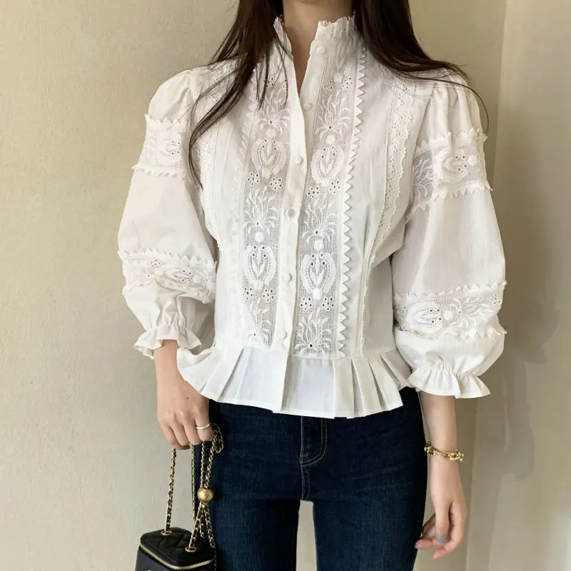 E Lely المطرزة irt Sli الخصر Cinching انتفض Sves الوقوف طوق القطن فام الربيع الصيف جديد Sle Sol... #4