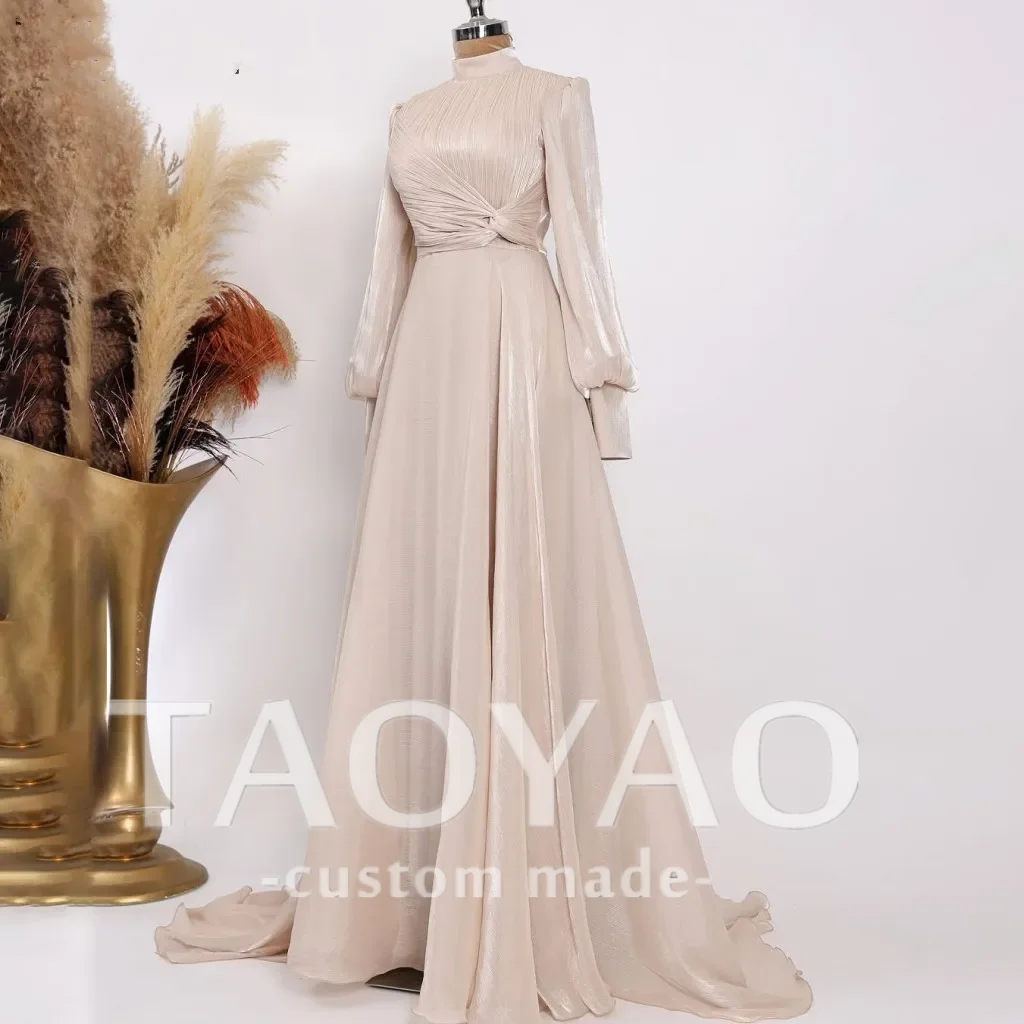 

Long Puff Sleeve Champagne Evening Dress A-Line Muslim High Neck Prom Dress Dubai Party Gown Customized Vestidos De Noche