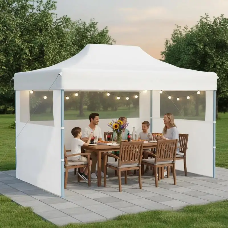 Tente pliable pour événements extérieurs 280 x 410 x 315 cm, structure en acier revêtu anti-oxydation, toile Oxford 600D avec revêtement PVC, trois parois latérales avec fenêtres transparentes, parfaite