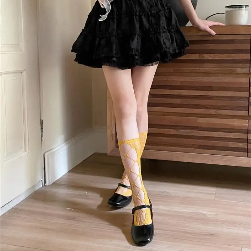 195E 女性ガール夏靴下包帯中空網タイツ膝丈固体ストッキング