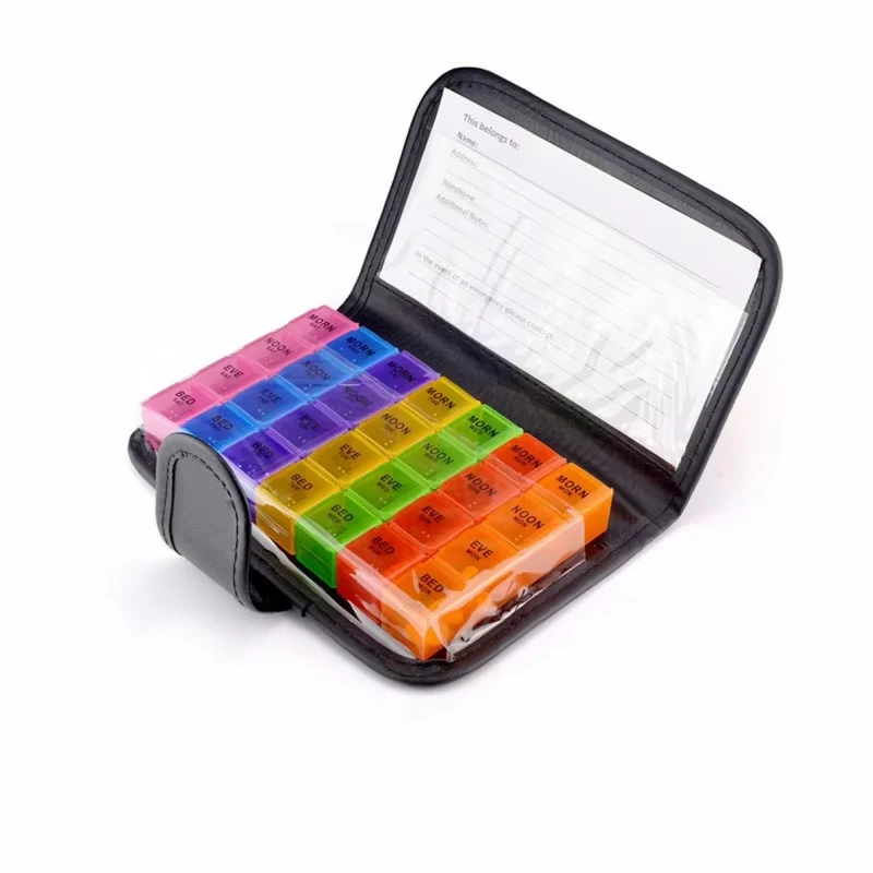 

Портативный держатель для таблеток с 28 сетками, чехол для таблеток, органайзер для хранения лекарств, инструмент для здорового ухода, цвет радуги с сумкой из полиуретана
