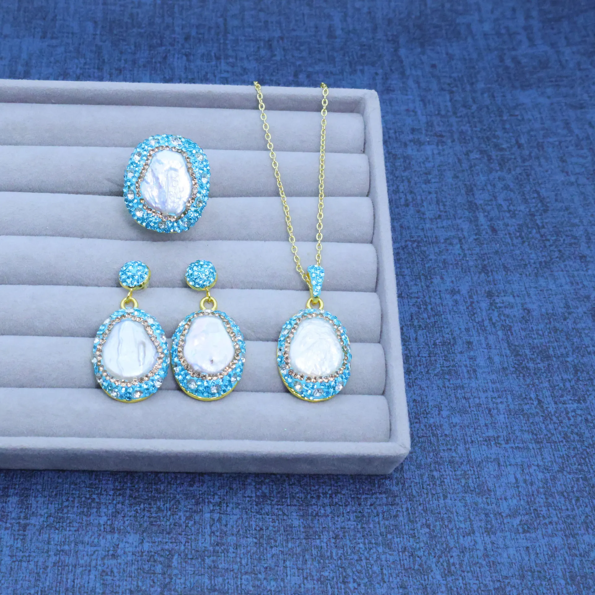 DIY accessories New Cross-border Pearl Set Natural Freshwater, Baroque Natural Pearl Design Fashion Temperament Three-piece Set