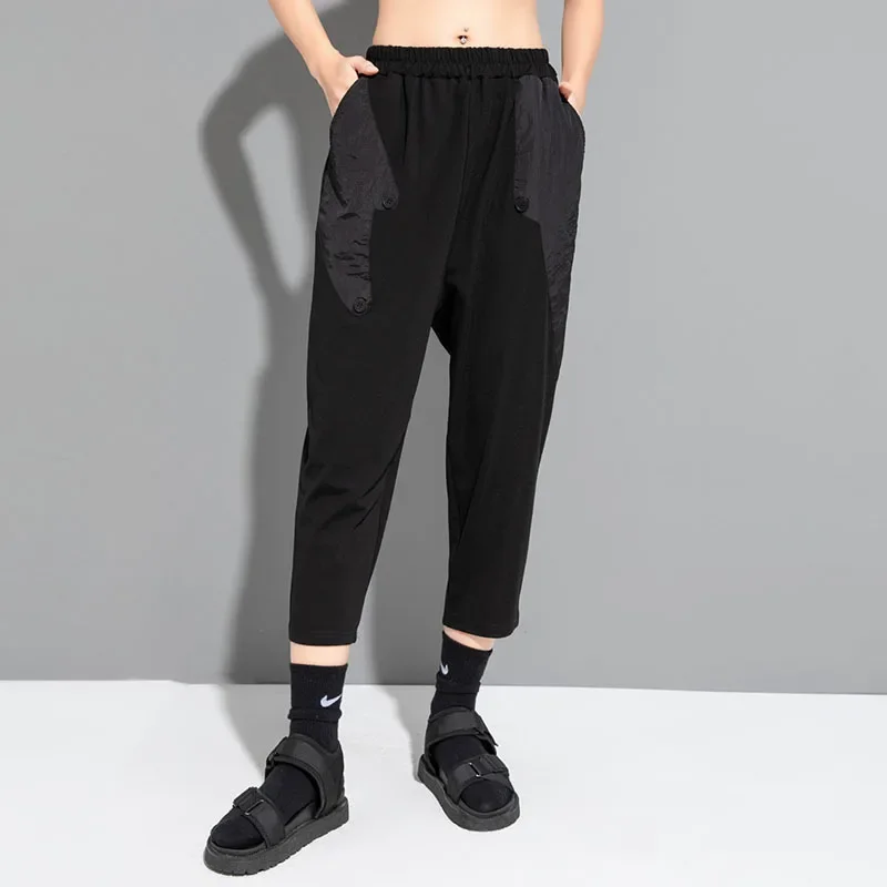 

SuperAen European and American Summer New Cropped Pants Elastic Waist Splicing Simple Black Women's Pants