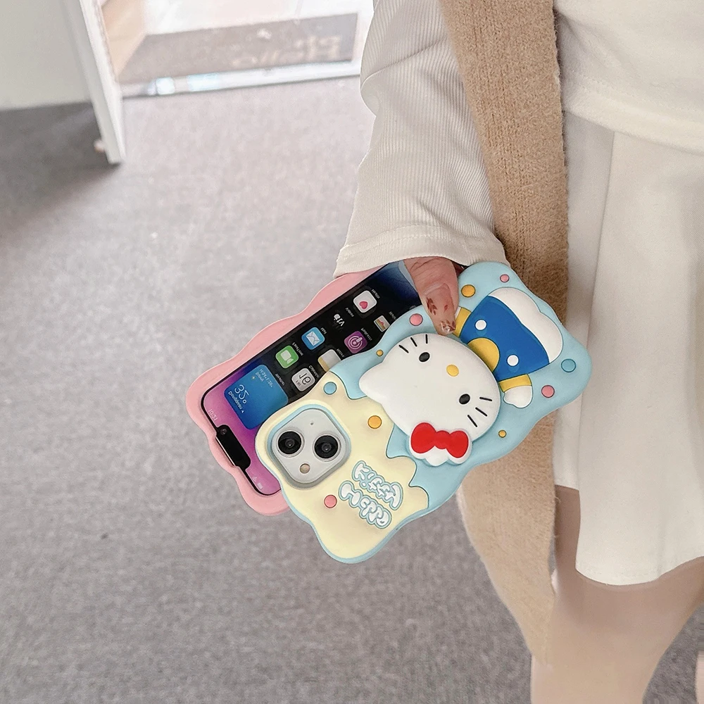 Cute Cartoon Cream Hello Kitty Telescopic Bracket Phone Case for IPhone 15 14 13 12 11 Pro Max Soft Silicone Back Cover Funda