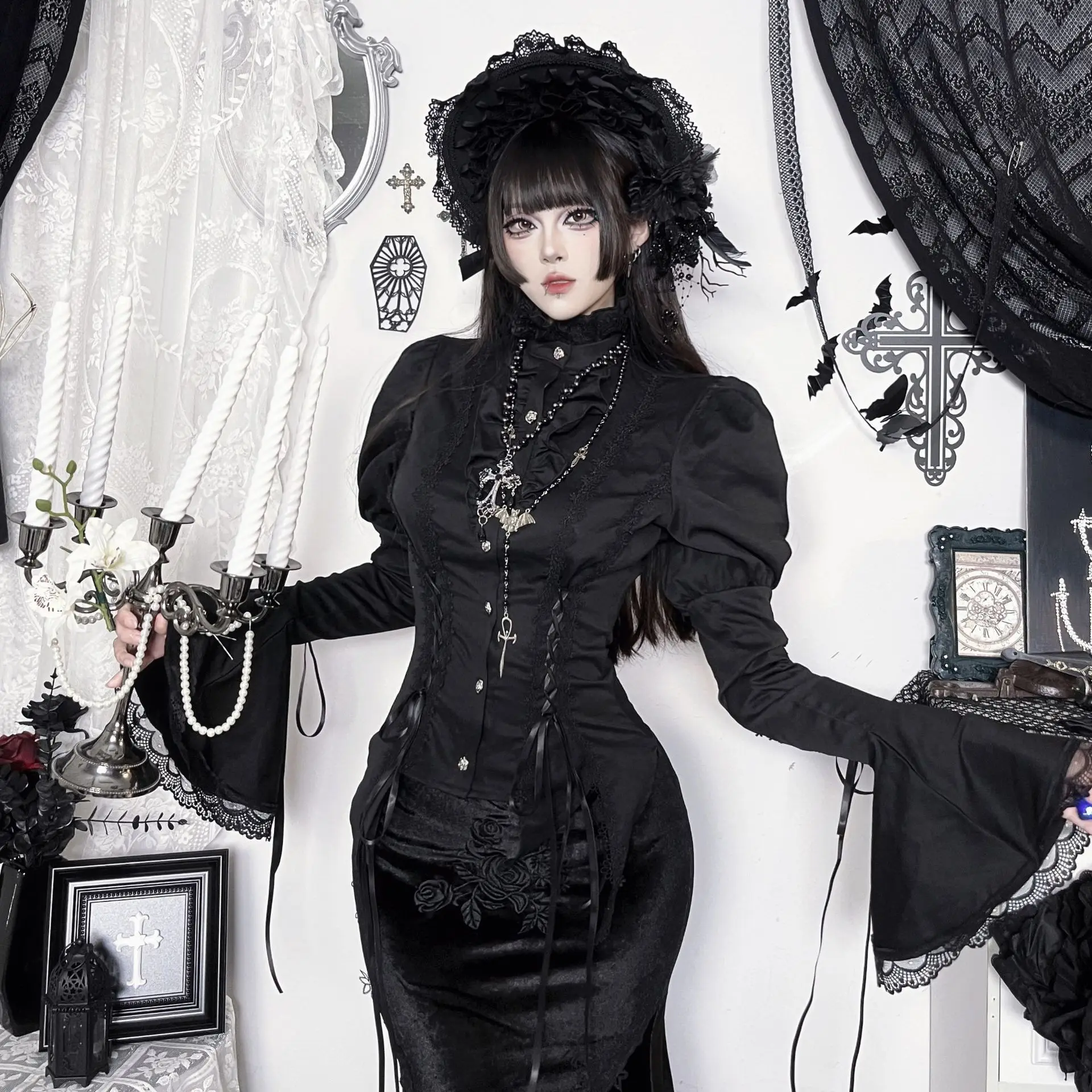 القوطي الظلام لوليتا الدانتيل تقليم القوطية بلوزة قمصان مول القوطي واحدة الصدر مضيئة كم الجانب ضمادة القمم هالوين بالأزرار