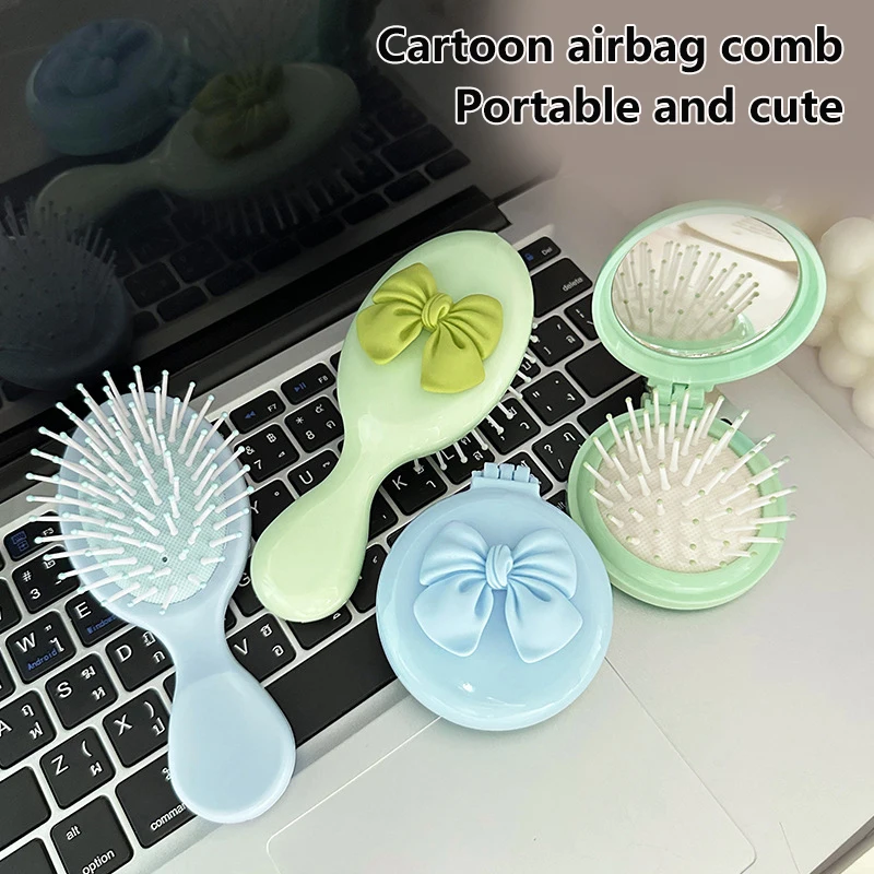 Cute Handheld Folding Massage Comb With Makeup Mirror Travel Portable Plastic Airbag Small Hair Brush Bow Tie Air Cushion Comb