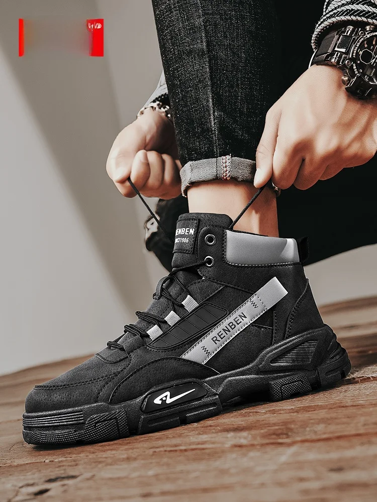 レトロスタイルメンズマーティンブーツ秋コレクション快適ワークウェアシューズ耐摩耗性ミッドカーフブーツ（若者向け）