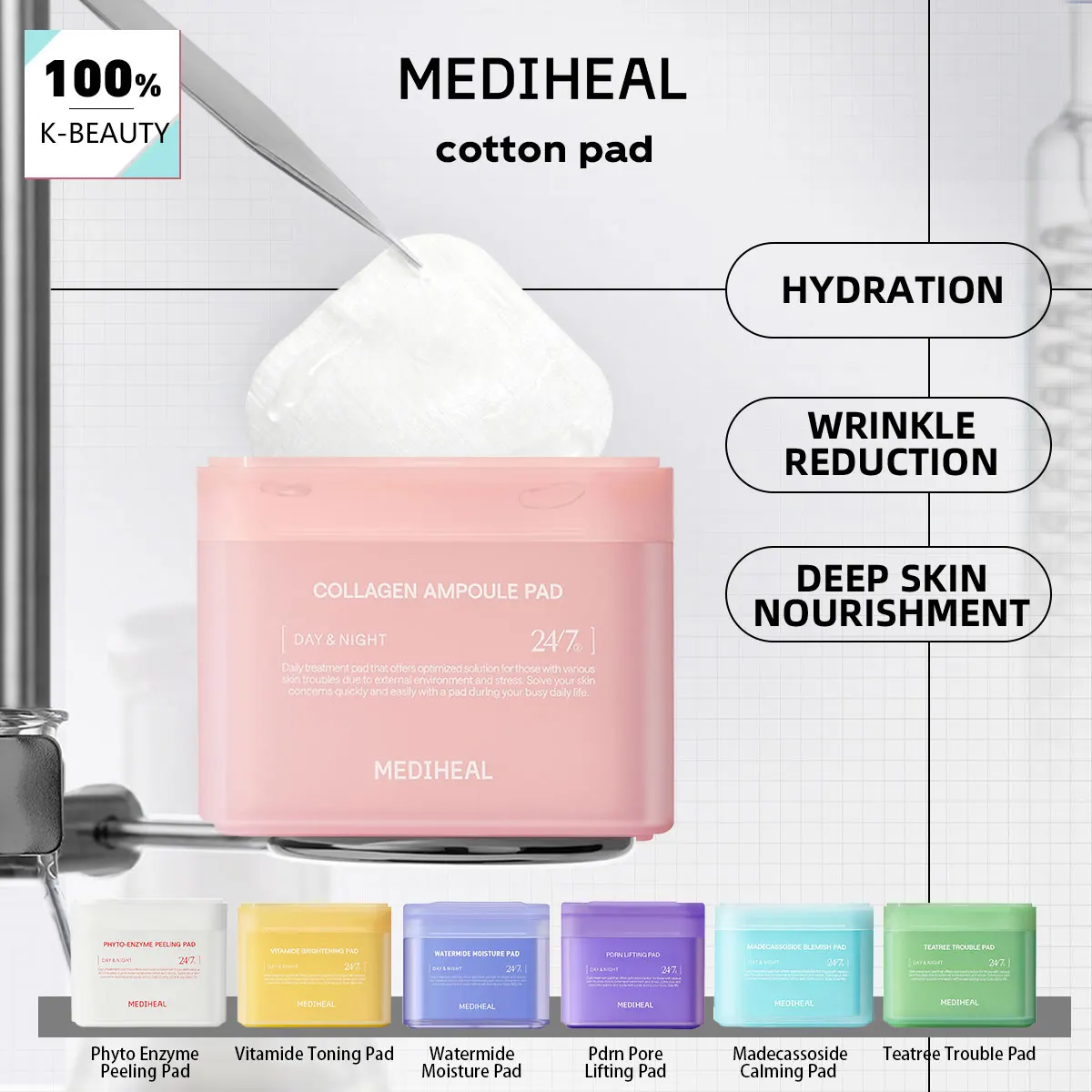 MEDIHEAL Pad, Almohadilla lista para usar, Almohadillas multifunción para el cuidado de la piel, Hidratación profunda e hidratación, Cuidado rápido de la piel, K-Beauty, Maquillaje coreano