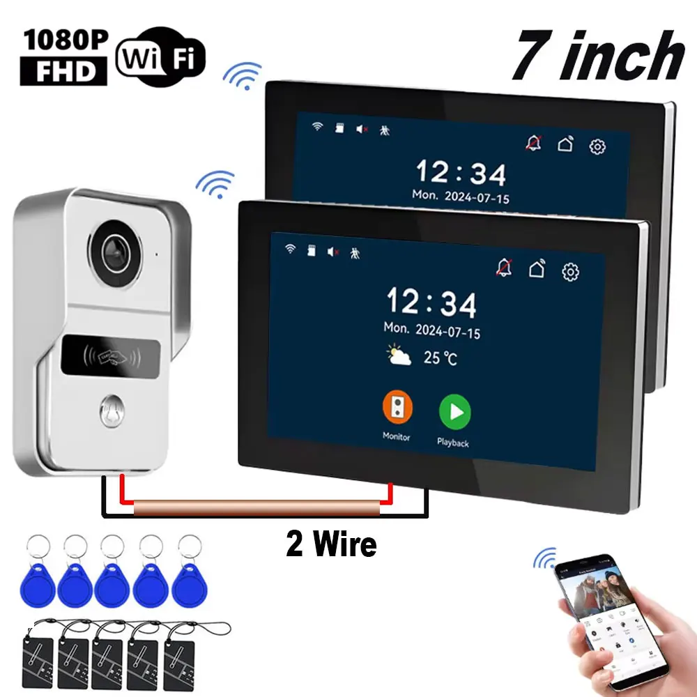 Sistema de Intercomunicación con Videoportero Inteligente Tuya de 7 Pulgadas, WiFi, 1080P, 2 Cables, Videoportero para el Hogar, Timbre con Desbloqueo por Tarjeta RFID para Apartamentos