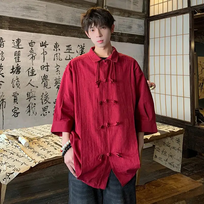 

Loose Fit Men's irt with Button Design Stand Collar Chinese Sle Large Size Clothing for Teenagers Summer Long Sve